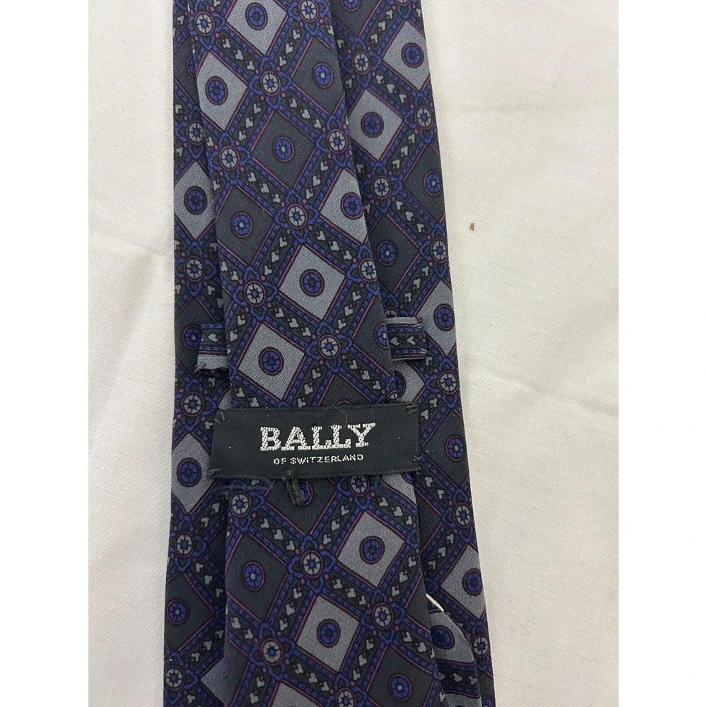 BALLY Silk Mens Blue  Skinny Tie Geometric Pattern Imported 58